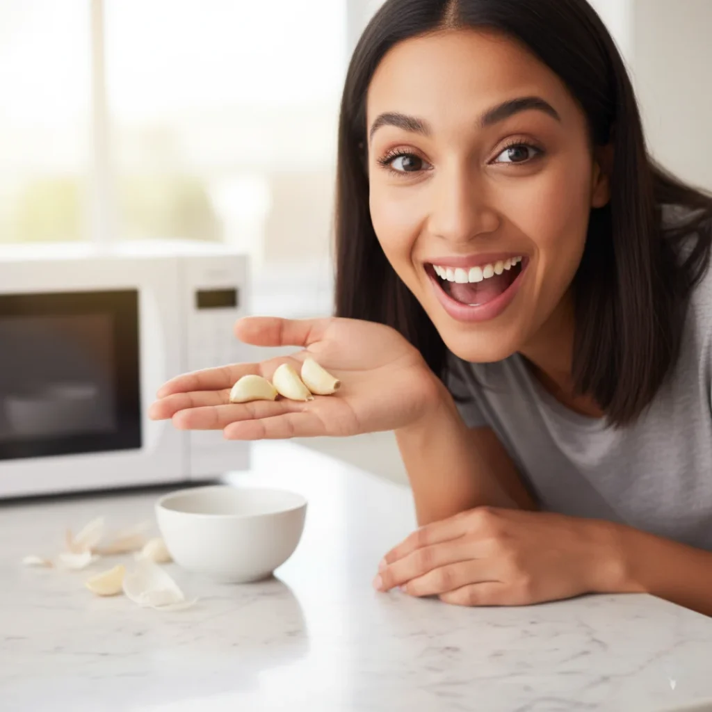 happy, surprised woman holding three perfectly peeled garlic cloves in her palm, showing the successful, no-mess result of the viral garlic peeling hack.