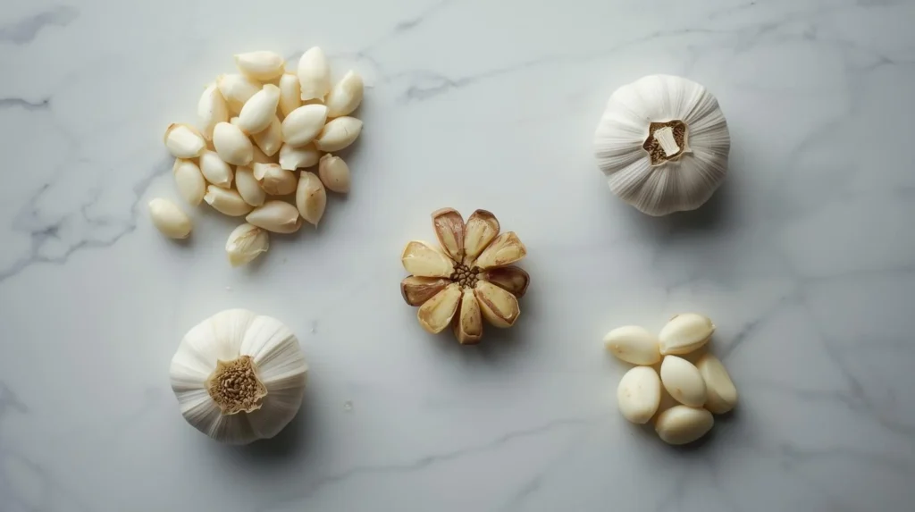 A top-down flat lay on a marble surface comparing the results of different garlic peeling hack methods, showing whole garlic bulbs, a large pile of peeled cloves, and a separated bulb.