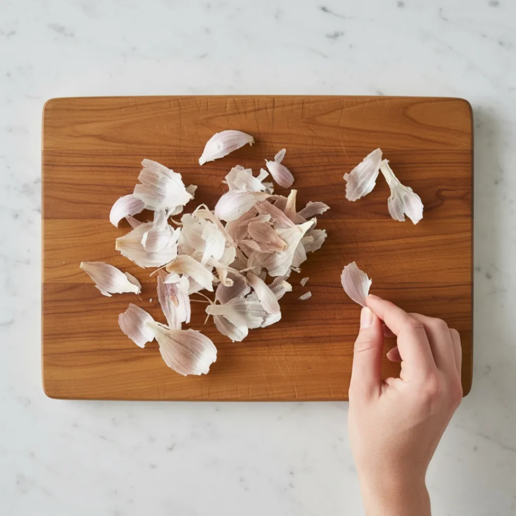 A top-down shot of a wooden cutting board covered in a messy pile of papery garlic skins, showing why a garlic peeling hack is needed.