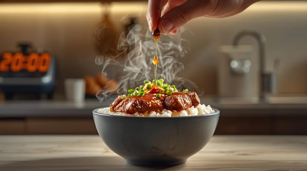 A steaming hot Asian steak rice bowl in a dark bowl, with a hand drizzling a final sauce over the saucy steak and green onions, and a kitchen clock in the background showing 20:00.