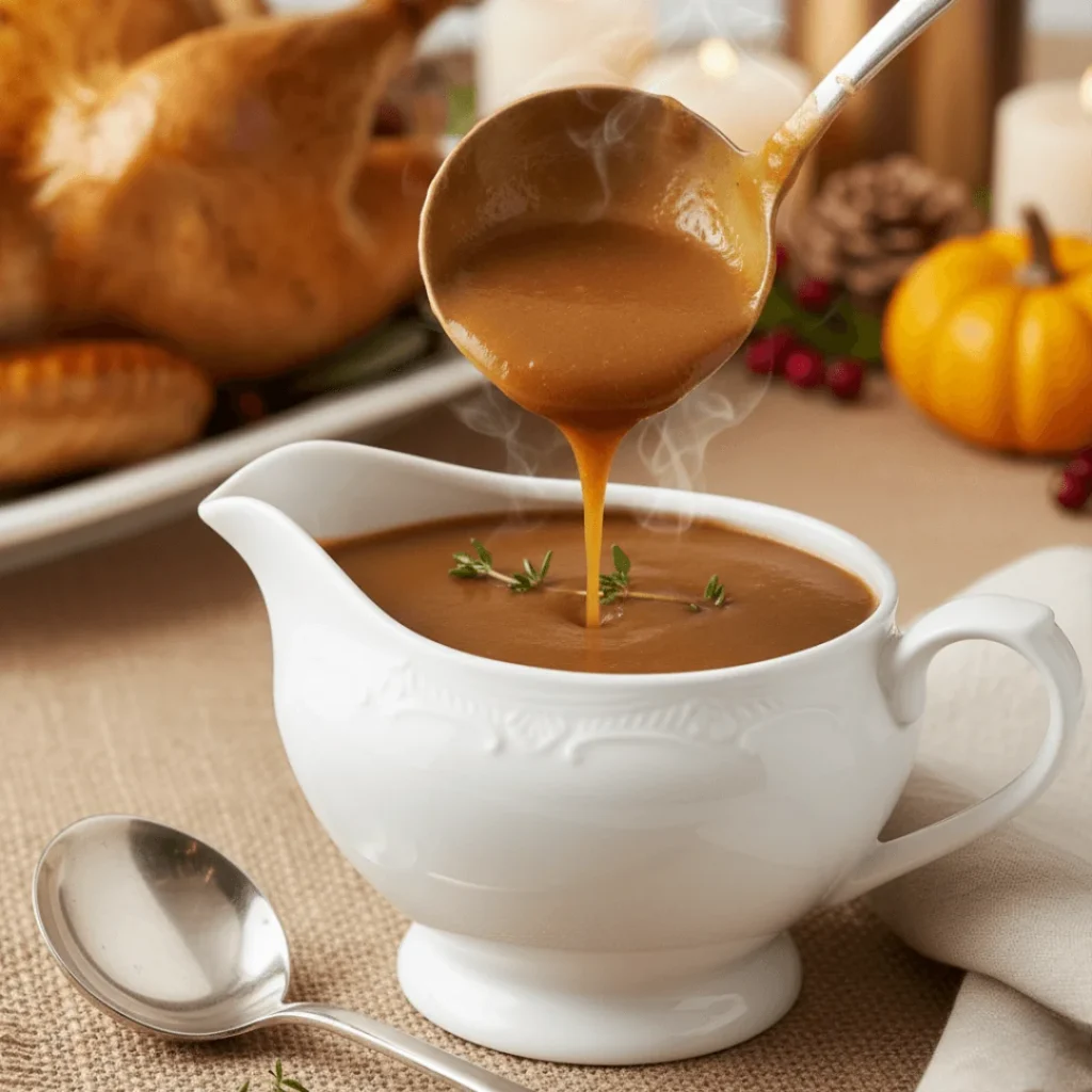 A ladle pouring hot, smooth, thick turkey gravy into a white gravy boat, showing a perfect, rich consistency against a background of a roasted turkey.