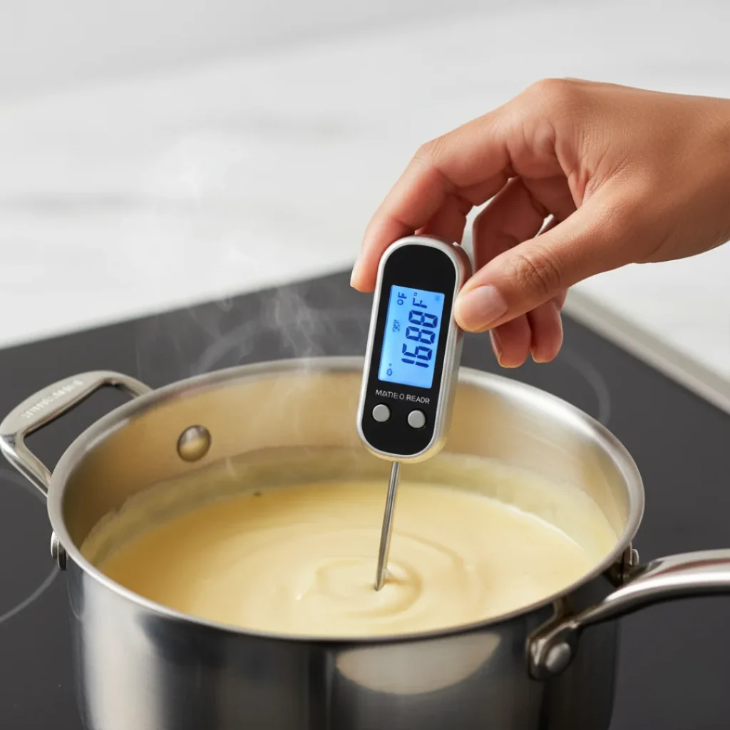 A digital thermometer inserted into a saucepan of simmering creamy homemade eggnog, showing a safe cooking temperature of 166℉(78℃).