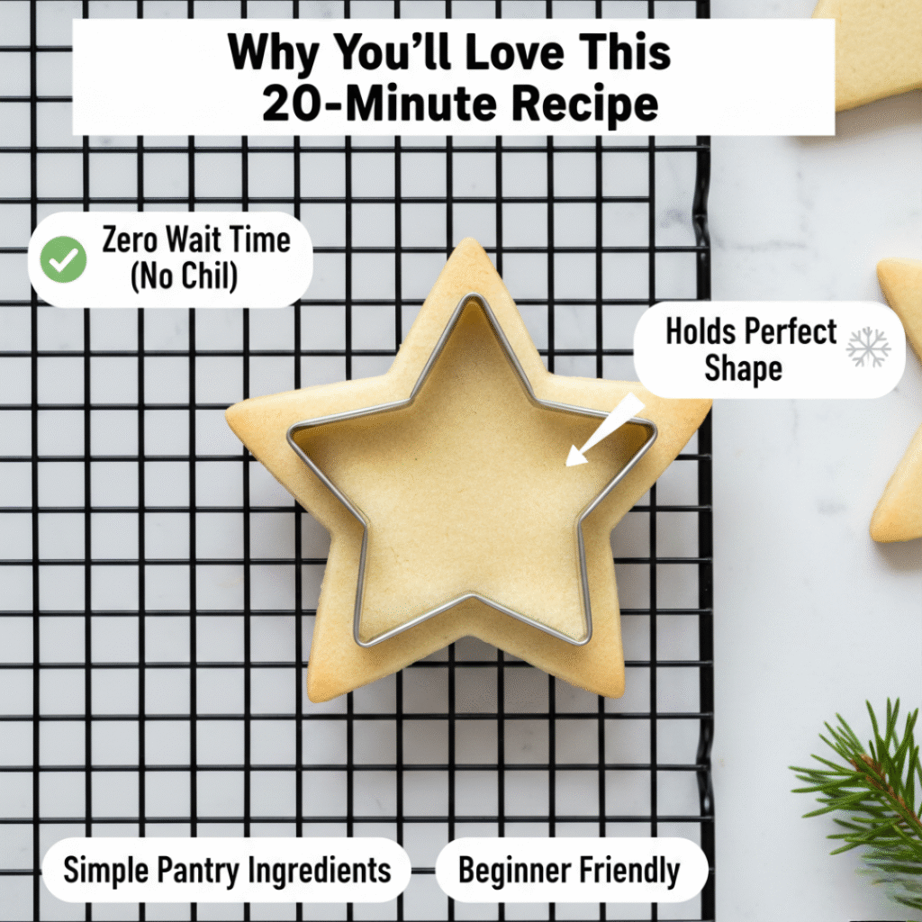 A baked star-shaped christmas sugar cookie with an overlay graphic highlighting "Zero Wait Time (No Chil)" and "Holds Perfect Shape," summarizing the benefits of this quick Christmas cookies recipe.