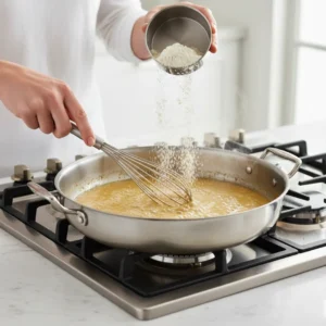 Hands whisking in flour that is being sprinkled into clear turkey fat in a stainless steel pan on a stovetop, creating the roux base for a turkey gravy from drippings.