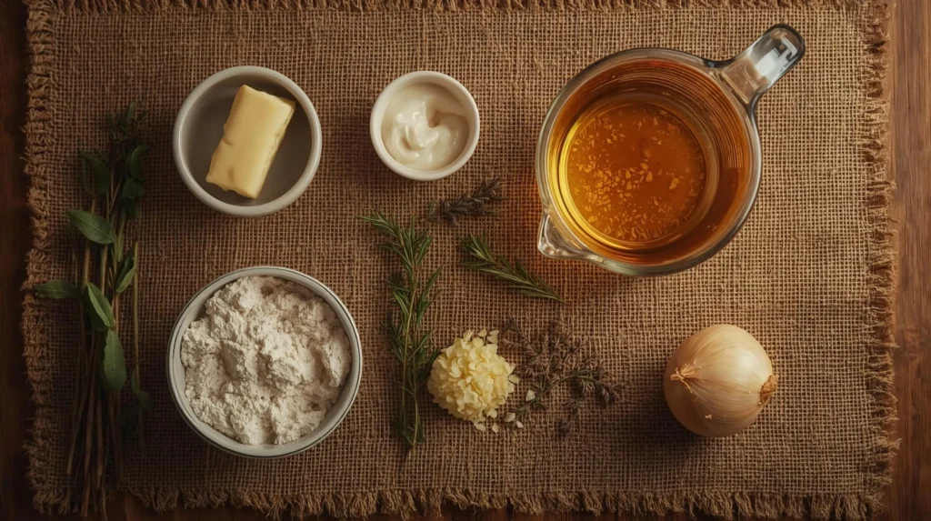 A top-down flat lay of ingredients for making turkey gravy without drippings: a bowl of flour, butter, turkey broth in a pitcher, garlic, onion, and fresh herbs (rosemary and thyme) on burlap.