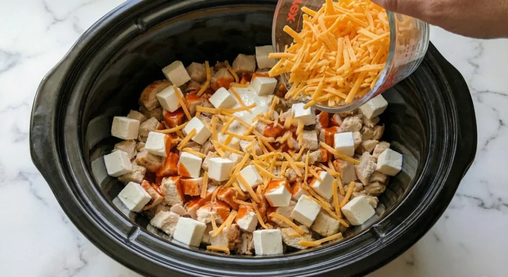 A hand sprinkling shredded cheddar cheese over the layered chicken, cream cheese cubes, and sauce in the slow cooker insert.