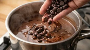 A close-up shot of a hand pouring a palmful of dark semi-sweet chocolate chips into a steaming saucepan of cocoa-infused milk on a stovetop.