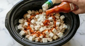 A hand pouring Ranch dressing and Frank's RedHot Sauce evenly over the layer of cubed cream cheese and chicken inside the slow cooker insert.