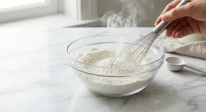 A close-up of a hand using a metal whisk to stir together flour, baking powder, and other dry ingredients in a glass bowl, with fine flour dust particles floating in the air above the bowl.