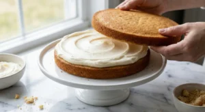 A baker using an offset spatula to spread thick white cream cheese frosting over the top and sides of a two-layer assembled coconut cake on a ceramic cake stand.