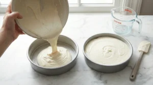 A high-angle shot of a hand pouring creamy, thick white cake batter from a ceramic bowl into one of two 9-inch round metal cake pans on a marble countertop, next to a measuring cup and spatula.