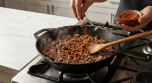 A hand sprinkling taco seasoning onto browned ground beef cooking in a black cast iron skillet, preparing the meat filling for mini nacho cups.