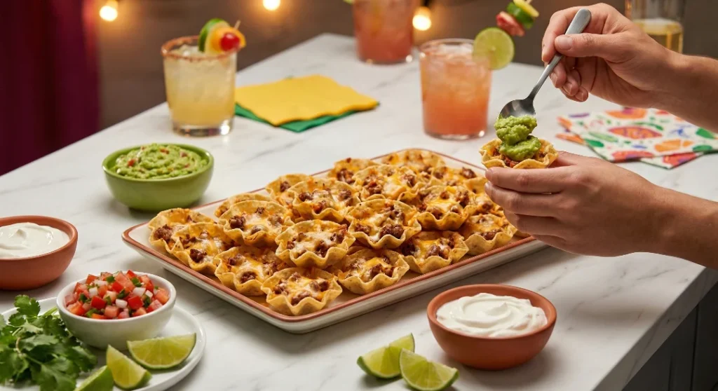 A serving tray of baked mini loaded nacho cups on a counter surrounded by bowls of toppings, including guacamole, salsa, sour cream, cilantro, and lime wedges.