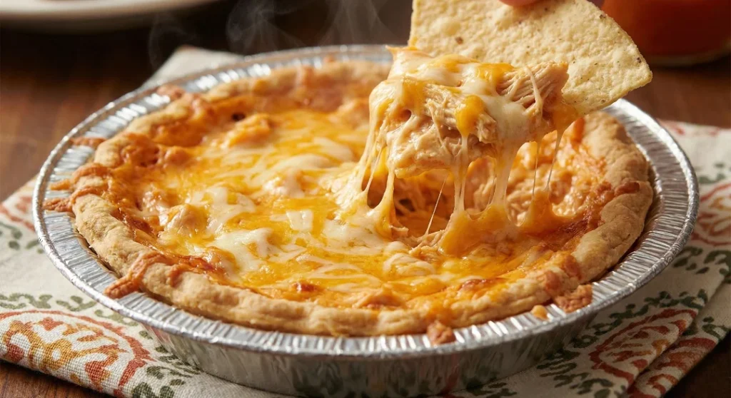 A wide wooden platter featuring a bowl of garnished buffalo chicken dip, surrounded by celery and carrots, chips, and pretzels.