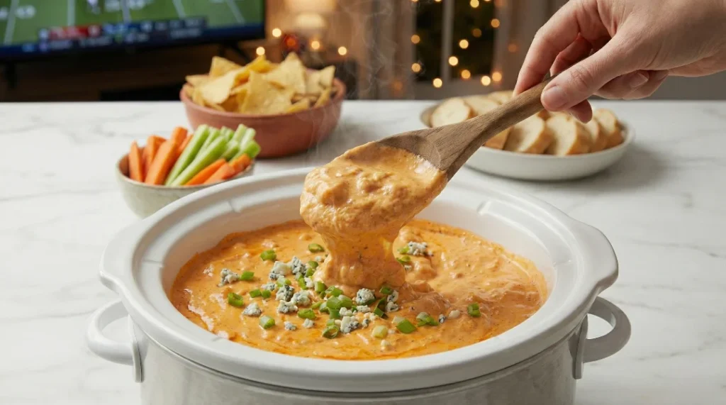 A close-up of a chip scooping the melted, creamy buffalo chicken dip directly from the slow cooker pot, showing the garnish and hot texture.