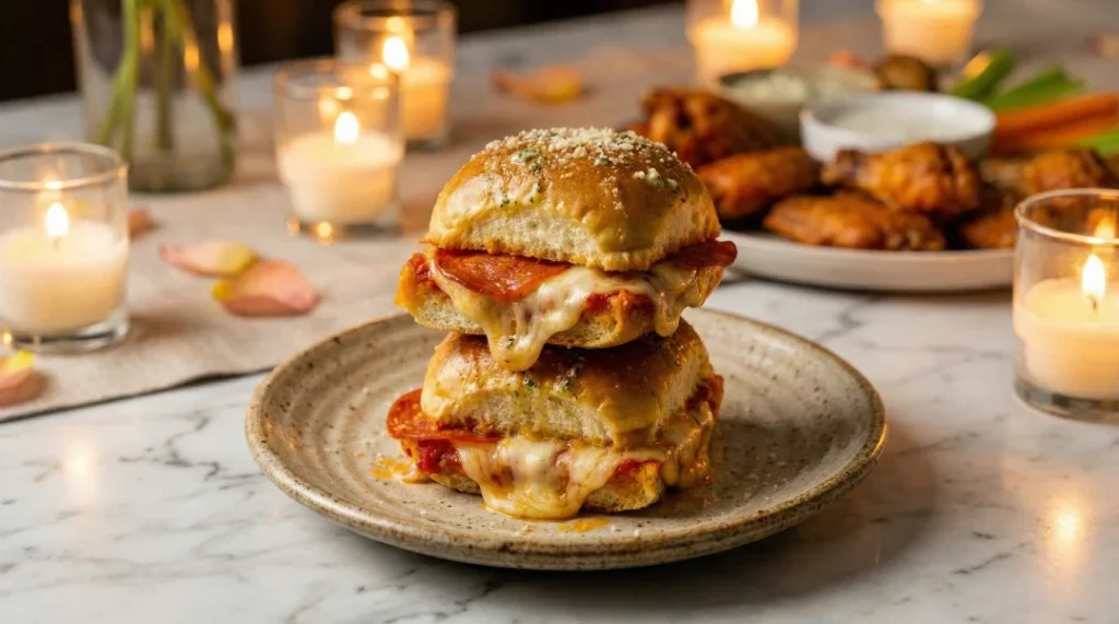 A stack of two garlic butter pizza sliders oozing with melted mozzarella and pepperoni, served on a plate in a candle-lit, romantic setting.