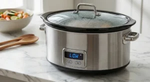 A digital slow cooker display showing the setting "LOW," indicating the ideal temperature for cooking the crockpot buffalo chicken dip for 1.5 to 2 hours.