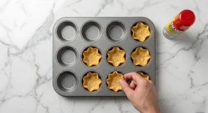 A hand placing a tortilla chip "scoop" into a slot of a grey metal muffin tin, next to a can of non-stick cooking spray, preparing the base for mini nacho cups.