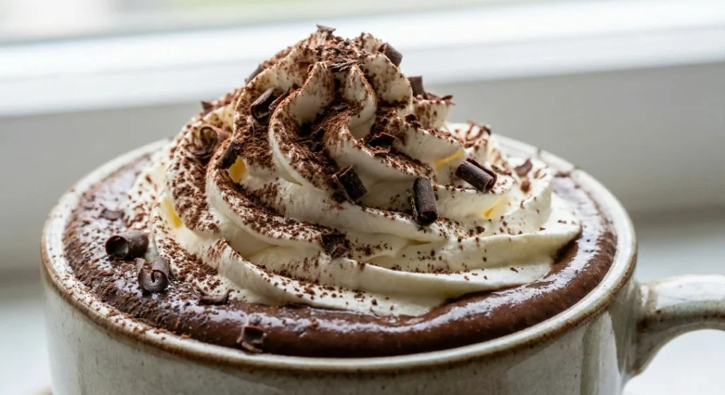 A extreme close-up of a mug filled with thick Italian hot chocolate, topped with a tall swirl of whipped cream, dusted with cocoa powder, and garnished with dark chocolate curls.
