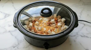 A black slow cooker with the layered crockpot buffalo chicken dip ingredients inside, covered with a clear glass lid, symbolizing the start of the "set-it-and-forget-it" cooking process.
