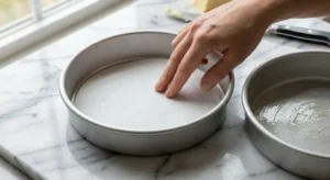 A close-up of a hand smoothing a circular piece of white parchment paper into the bottom of a greased silver cake pan on a marble countertop.