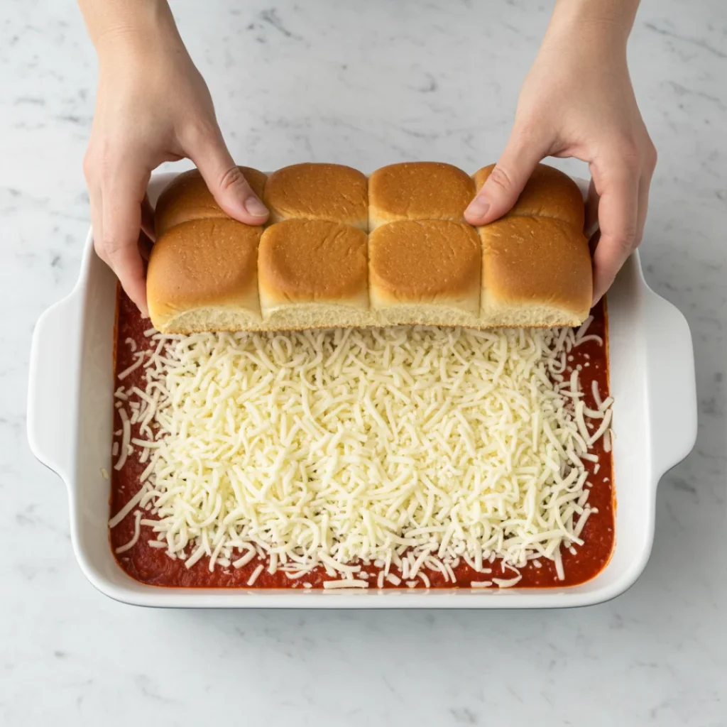 A hand placing the top slab of Hawaiian roll pizza sliders bread over the layer of shredded cheese and sauce in a white baking dish.