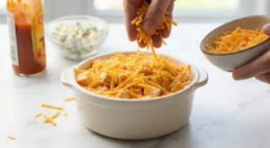 A hand sprinkling the remaining shredded cheddar cheese over the assembled air fryer buffalo chicken dip mixture in a small, white oven-safe dish.