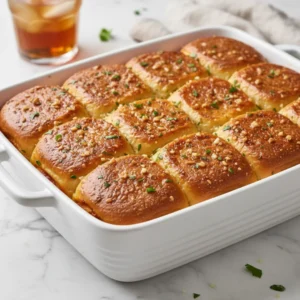 A white baking dish full of fully baked, golden brown cheesy pull apart sliders, garnished with herbs and ready to be pulled apart and served.