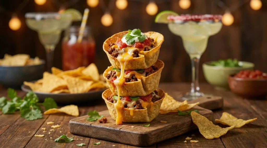 A dramatic stack of three finished mini loaded nacho cups with cheese melting down the sides, served on a wooden board with cocktails in the background.
