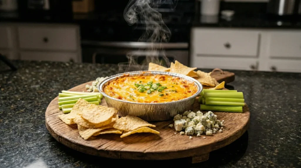 A close-up of a hand scooping the stringy, steaming creamy and cheesy dip from a crockpot, surrounded by fresh celery and carrots.