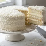 A beautiful two-layer coconut cake covered in white frosting and shredded coconut on a stand. A metal cake server is lifting a large, moist slice, revealing the thick frosting layers and velvety cake crumb inside.