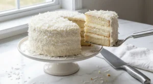 A beautiful two-layer coconut cake covered in white frosting and shredded coconut on a stand. A metal cake server is lifting a large, moist slice, revealing the thick frosting layers and velvety cake crumb inside.
