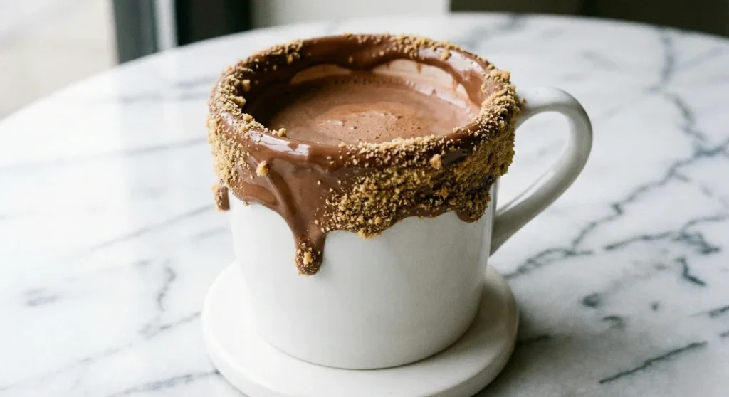 A close-up of a white ceramic mug filled with dark hot chocolate, with the rim dipped in melted chocolate and coated in golden-brown crushed graham cracker crumbs.