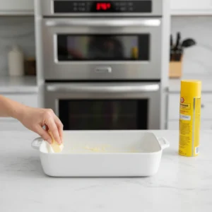 A hand greasing a white 9x13 inch ceramic baking dish with butter, preparing the pan for the pull apart pizza sliders recipe.