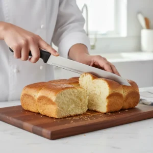 A chef using a serrated knife to slice a connected slab of Hawaiian roll pizza sliders bread horizontally on a wooden cutting board.
