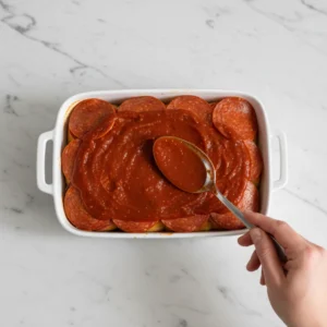 A hand using a spoon to spread red pizza sauce evenly over a layer of pepperoni and cheese in a baking dish, preparing the pull apart pizza sliders.
