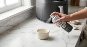 A hand lightly spraying a small, white oven-safe dish with non-stick oil, with an air fryer unit visible in the background for the air fryer buffalo chicken dip.