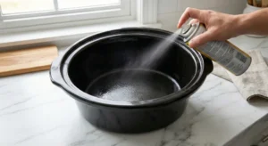 A hand spraying non-stick cooking spray liberally into the black ceramic insert of a slow cooker, the essential first step for crockpot buffalo chicken dip.