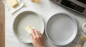 A top-down view of a hand greasing a 9-inch round metal cake pan with a stick of butter on a white marble surface, next to another pan and an oven display showing 350°F.