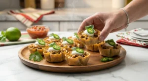 A hand picking up a finished mini loaded nacho cup topped with a dollop of sour cream and a slice of jalapeño from a wooden serving platter.