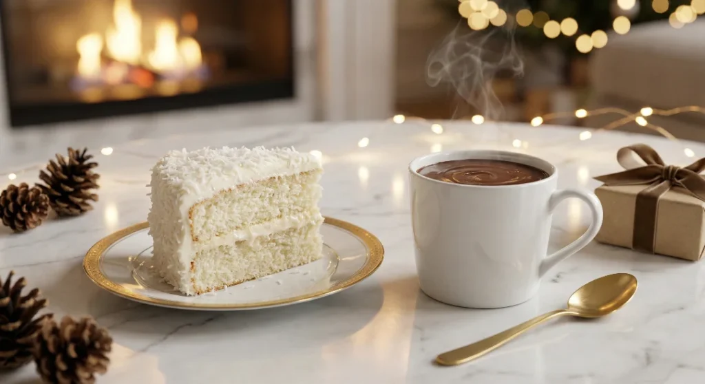 A slice of fluffy coconut cake on a gold-rimmed plate sitting next to a steaming mug of thick chocolate on a marble table with a warm fireplace and fairy lights in the background.
