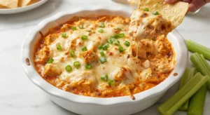 A white pie plate filled with the hot buffalo chicken dip fresh from the oven, showing the melted, golden cheese top, ready to be served with dipping sides.
