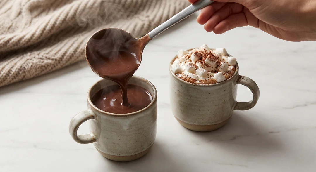 A person using a ladle to pour steaming, thick hot chocolate into a rustic ceramic mug, next to another mug already topped with whipped cream, cocoa powder, and mini marshmallows.