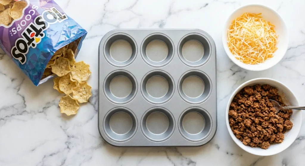 A flat lay of the essential mini loaded nacho cups ingredients: a muffin tin, a bag of tortilla "scoop" chips, a bowl of seasoned ground beef, and a bowl of shredded cheese.