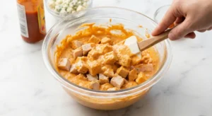 A wooden spoon combining cream cheese, Ranch dressing, Frank's RedHot, and shredded cheddar cheese in a glass bowl until the mixture is smooth and orange.
