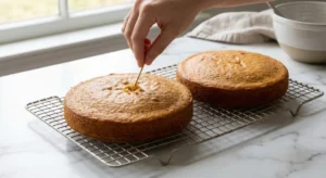 A close-up of a hand inserting a thin wooden toothpick into the center of a golden-brown cake layer resting on a wire cooling rack on a marble countertop.