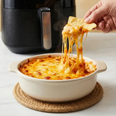 A chip creating a huge cheese pull from the air fryer buffalo chicken dip, showing the golden, crispy cheese crust and the air fryer unit in the background.