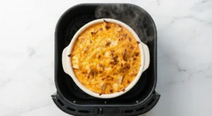 The finished air fryer buffalo chicken dip, with a golden brown and bubbling cheese crust, sitting hot inside the black air fryer basket.