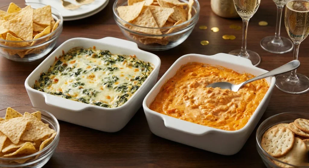 Two bubbling white rectangular baking dishes side-by-side—one with green Spinach Artichoke Dip and the other with orange Buffalo Chicken Dip—surrounded by tortilla chips and crackers.