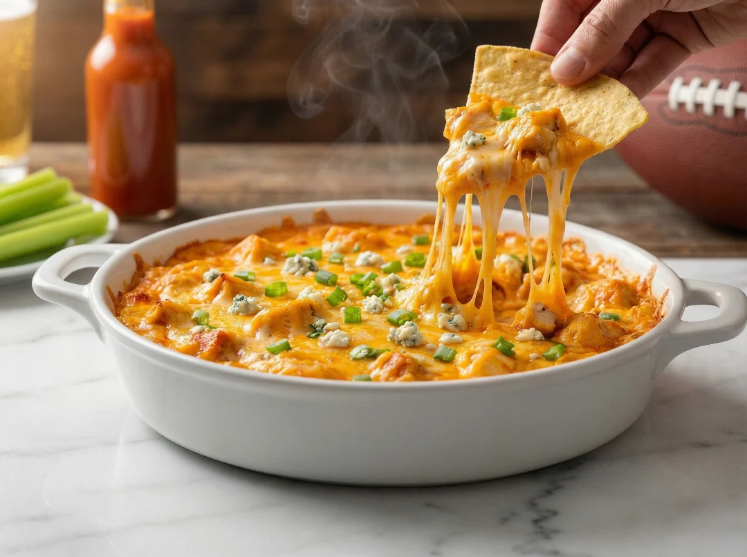 A tortilla chip scooping a stringy, cheesy portion of the hot buffalo chicken dip, garnished with blue cheese and green onions, set against a background showing a football.